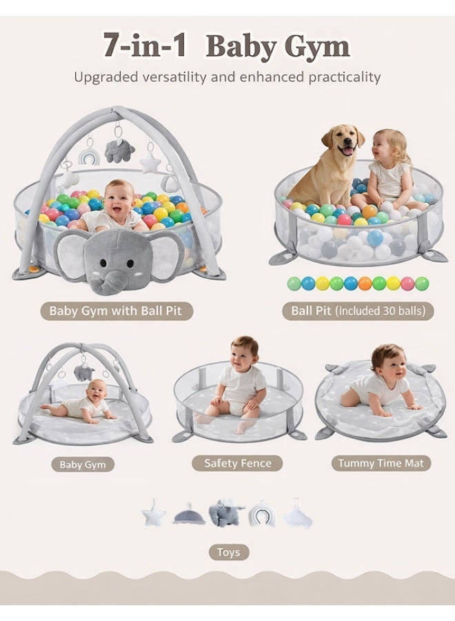 سجادة ألعاب أطفال XL مع قفص كرات، حصيرة وقت البطن مع سياج شبكي قابل للتنفس، 5 ألعاب معلّقة قابلة للفصل، 30 كرة ملوّنة، شكل فيل - Image 2